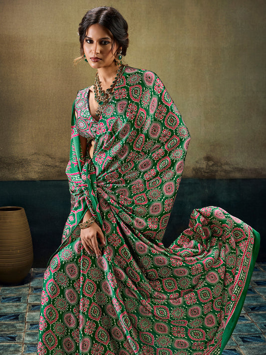 Emerald Green Ajrakh All-Over Print Satin Saree