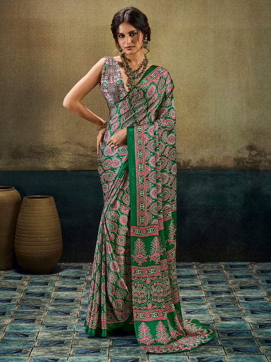 Emerald Green Ajrakh All-Over Print Satin Saree
