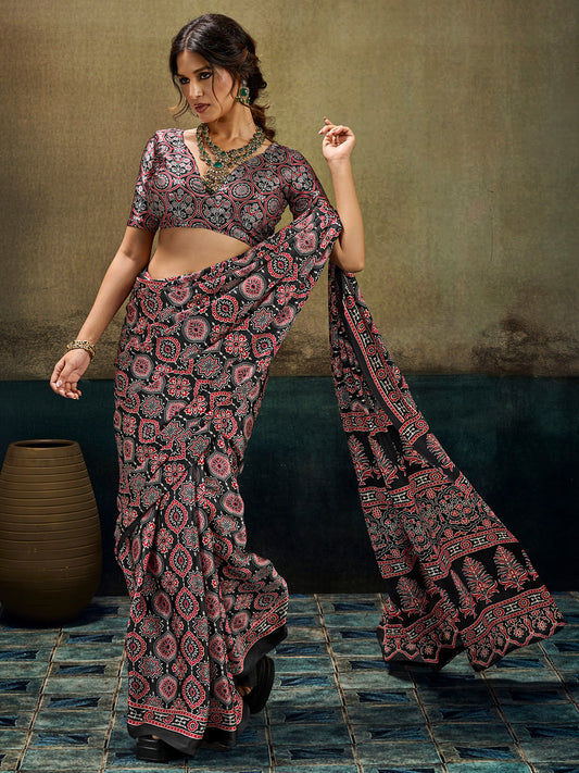 Black Ajrakh All-Over Print Satin Saree