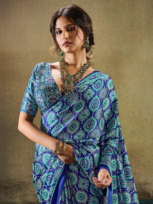Royal Blue Ajrakh All-Over Print Satin Saree
