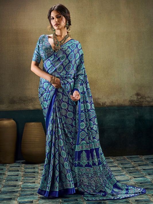 Royal Blue Ajrakh All-Over Print Satin Saree