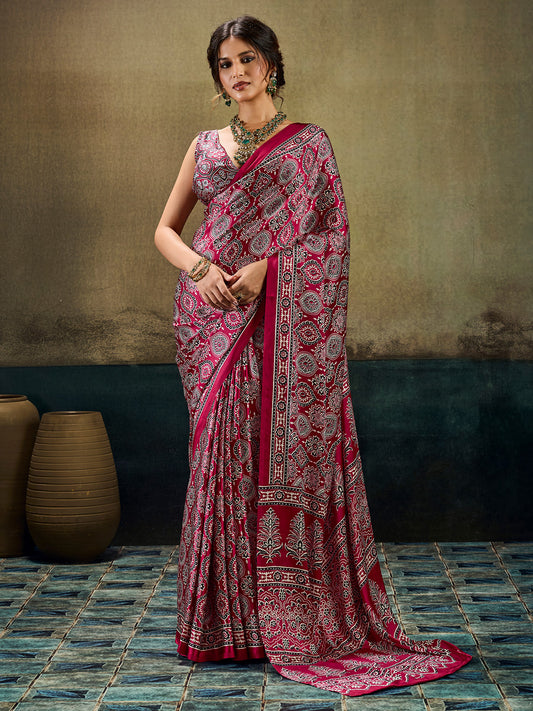 Deep Magenta Ajrakh All-Over Print Satin Saree