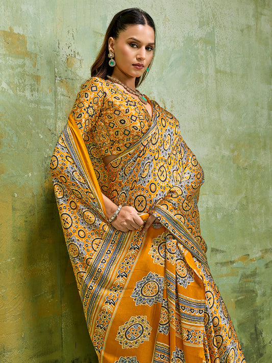 Mustard Yellow Ajrakh All-Over Dense Print Satin Saree