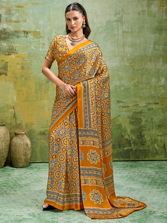 Mustard Yellow Ajrakh All-Over Dense Print Satin Saree