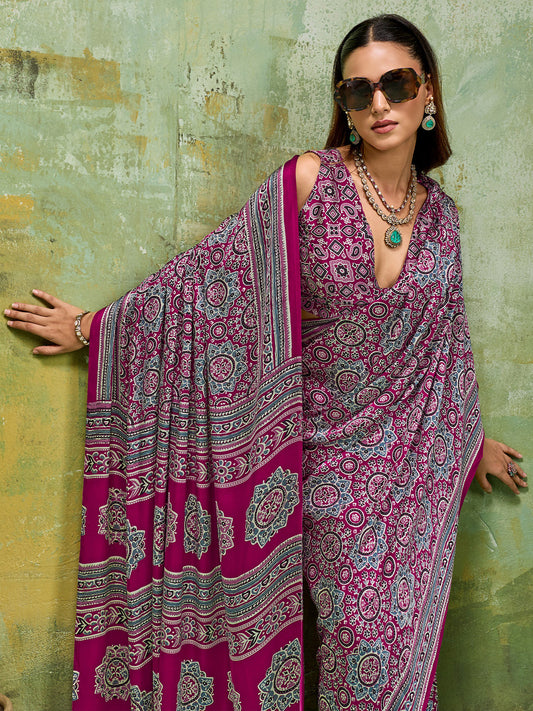 Magenta &Teal Ajrakh All-Over Dense Print Satin Saree
