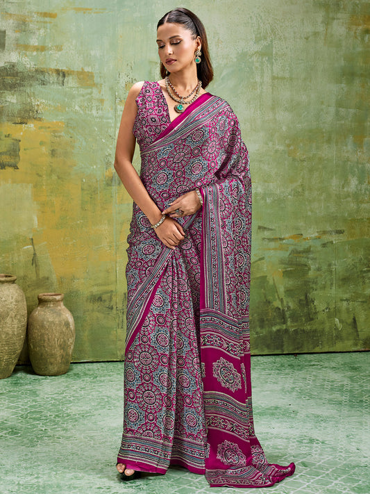 Magenta &Teal Ajrakh All-Over Dense Print Satin Saree