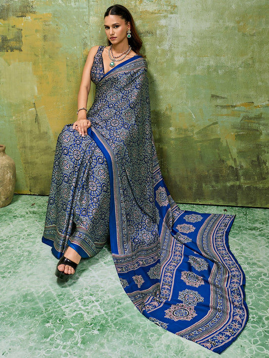 Navy Blue Ajrakh All-Over Dense Print Satin Saree