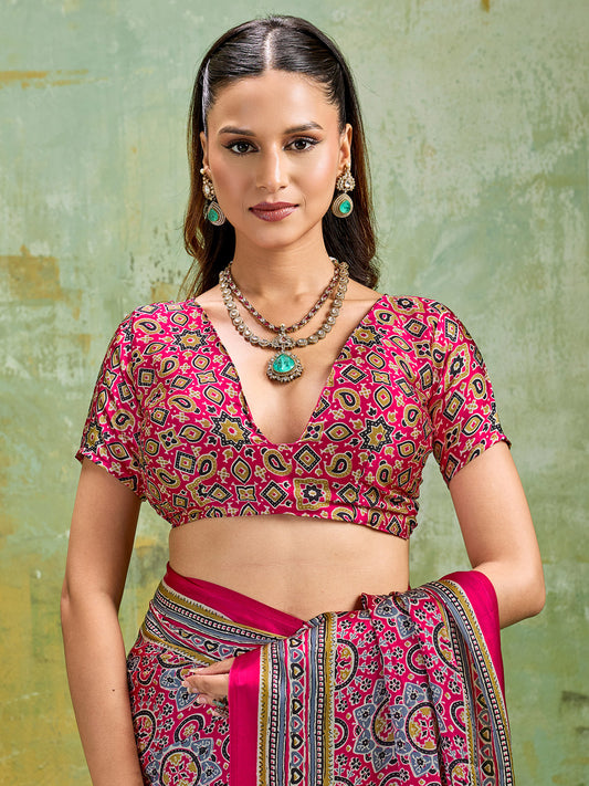 Hot Pink & Teal Ajrakh All-Over Dense Print Satin Saree