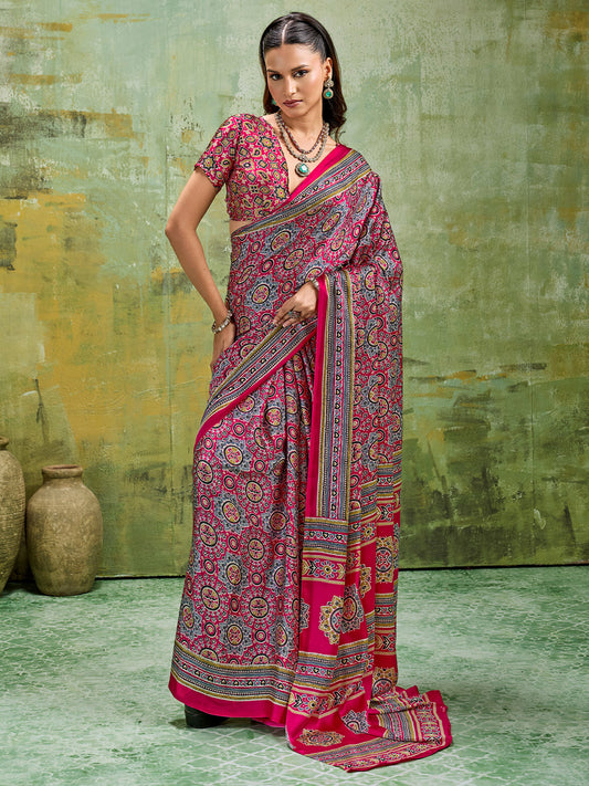 Hot Pink & Teal Ajrakh All-Over Dense Print Satin Saree