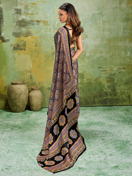 Black Multicolor Ajrakh All-Over Dense Print Satin Saree