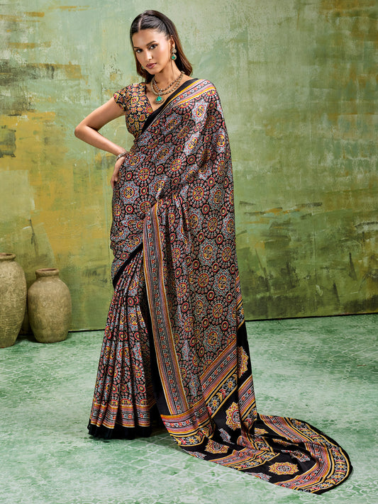 Black Multicolor Ajrakh All-Over Dense Print Satin Saree
