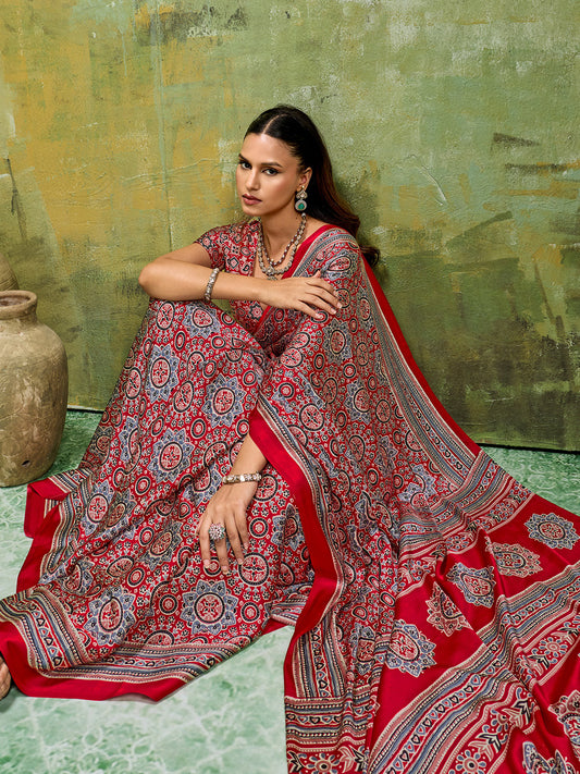 Crimson Red Ajrakh Dense Print Satin Saree