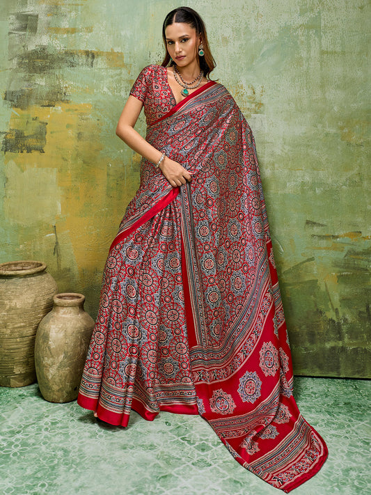 Crimson Red Ajrakh Dense Print Satin Saree
