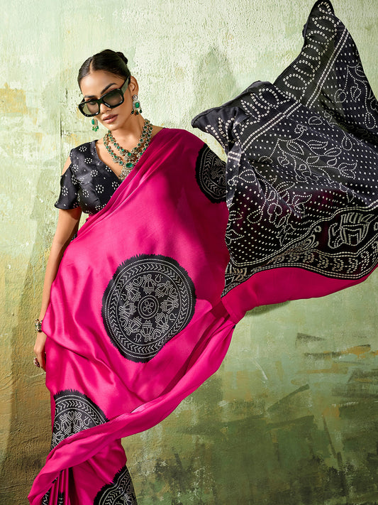 Hot Pink Solid Silk Satin Saree