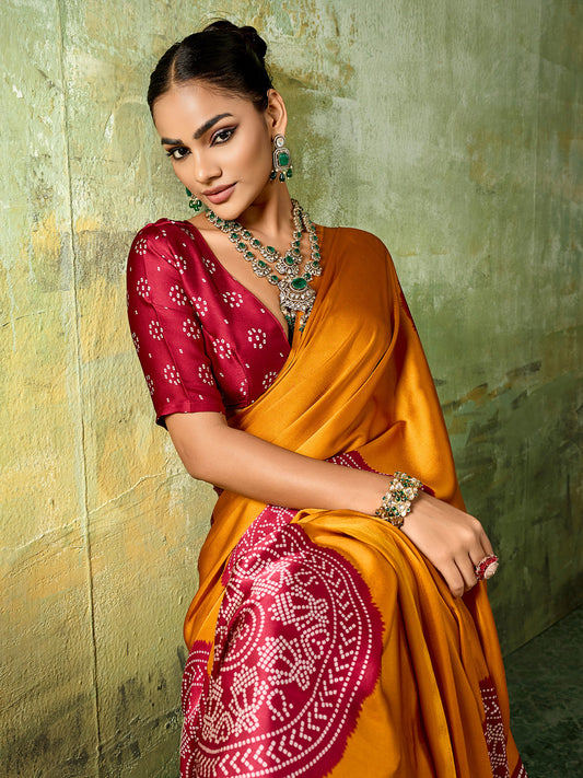Yellow & Red Ajrakh Medallion Print Silk Satin Saree