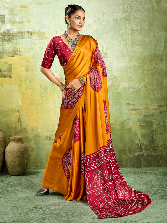 Yellow & Red Ajrakh Medallion Print Silk Satin Saree