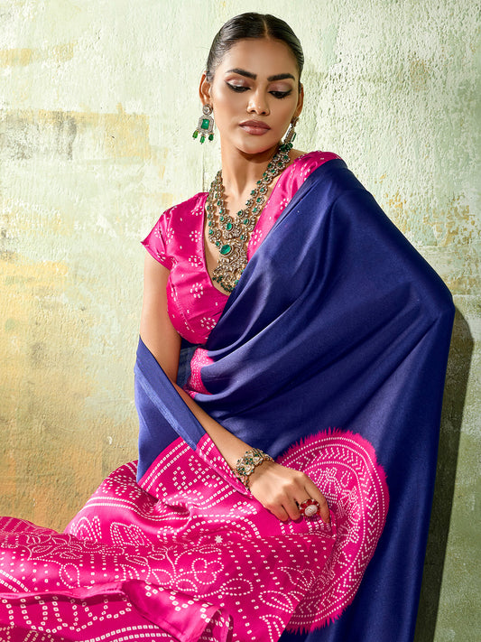 Navy Blue & Hot Pink Ajrakh Medallion Print Satin Saree
