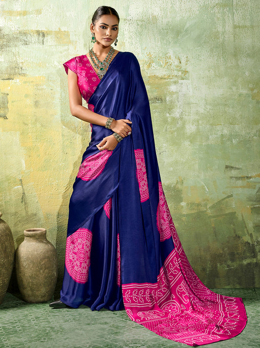 Navy Blue & Hot Pink Ajrakh Medallion Print Satin Saree