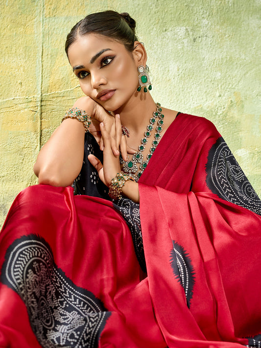 Crimson Red & Black Ajrakh Medallion Print Satin Saree