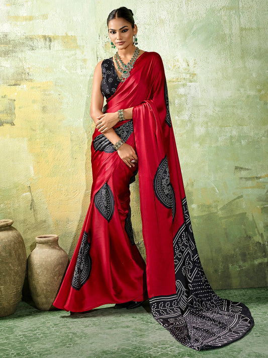 Crimson Red & Black Ajrakh Medallion Print Satin Saree