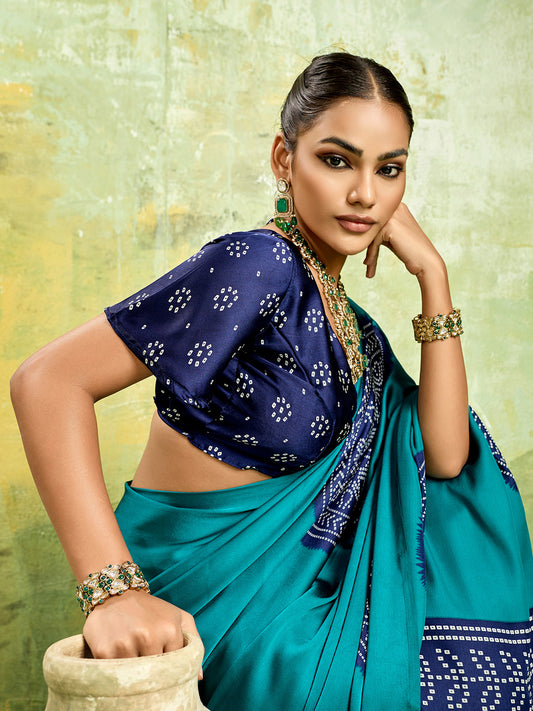 Teal & Navy Blue Ajrakh Medallion Print Satin Saree