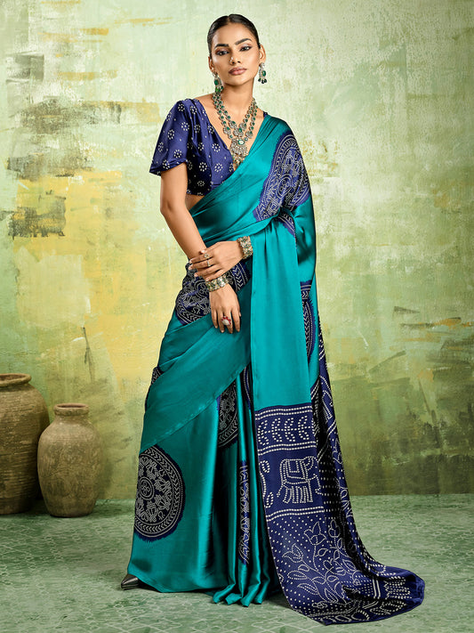 Teal & Navy Blue Ajrakh Medallion Print Satin Saree