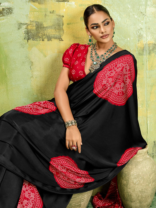 Black & Red Ajrakh Medallion Print Satin Saree