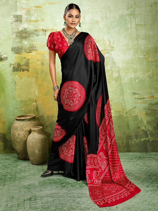 Black & Red Ajrakh Medallion Print Satin Saree