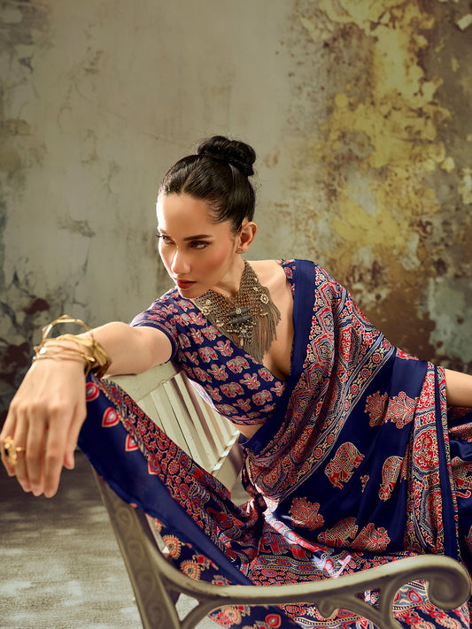 Navy Blue Elephant & Floral Motif Satin Saree