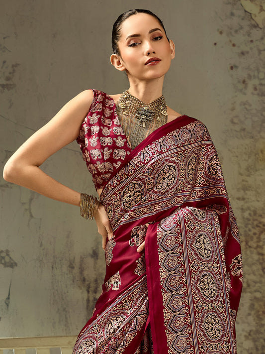 Maroon Elephant & Floral Motif Satin Saree