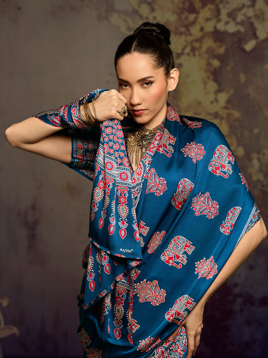 Teal Blue Elephant & Floral Motif Satin Saree