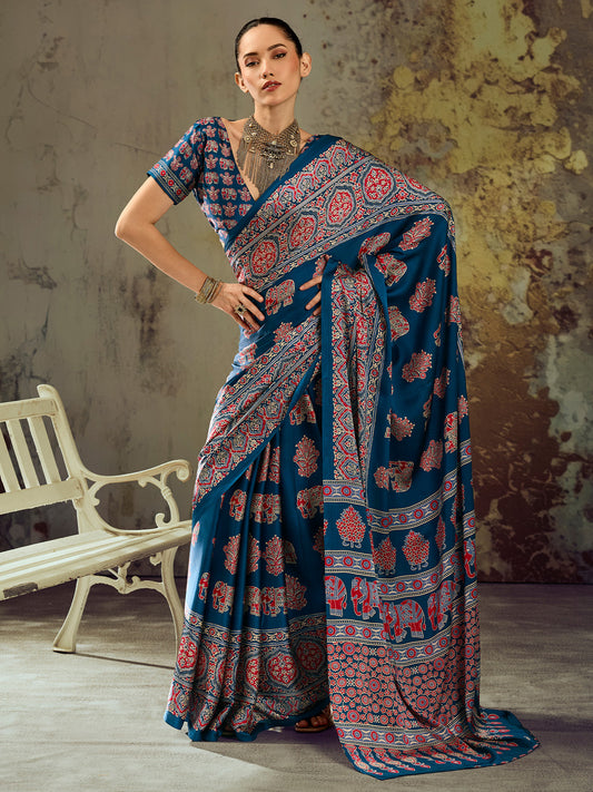 Teal Blue Elephant & Floral Motif Satin Saree