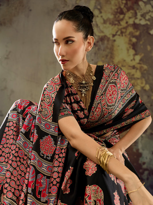Black Elephant & Floral Motif Silk Satin Saree