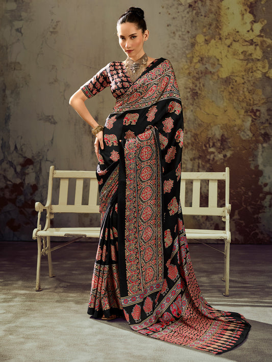 Black Elephant & Floral Motif Silk Satin Saree