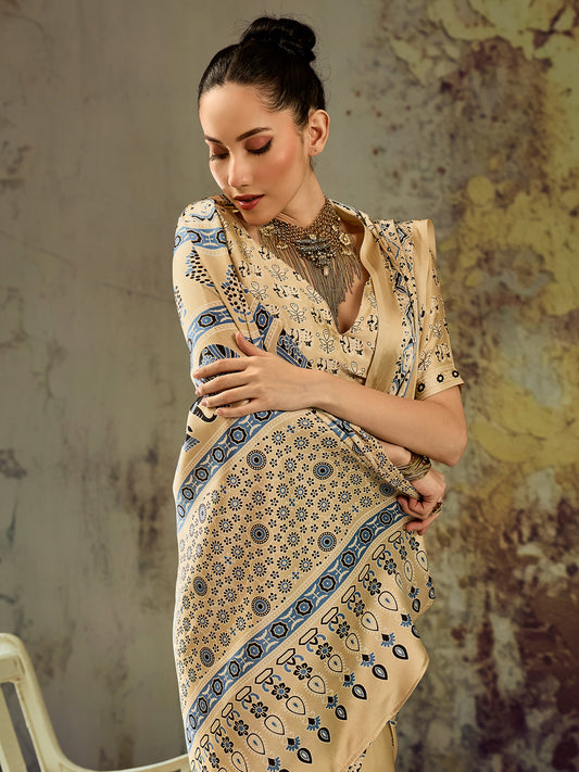 Cream Elephant & Floral Motif Satin Saree