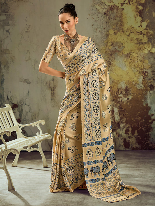 Cream Elephant & Floral Motif Satin Saree