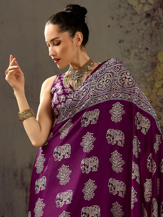 Purple Elephant & Floral Motif Satin Saree