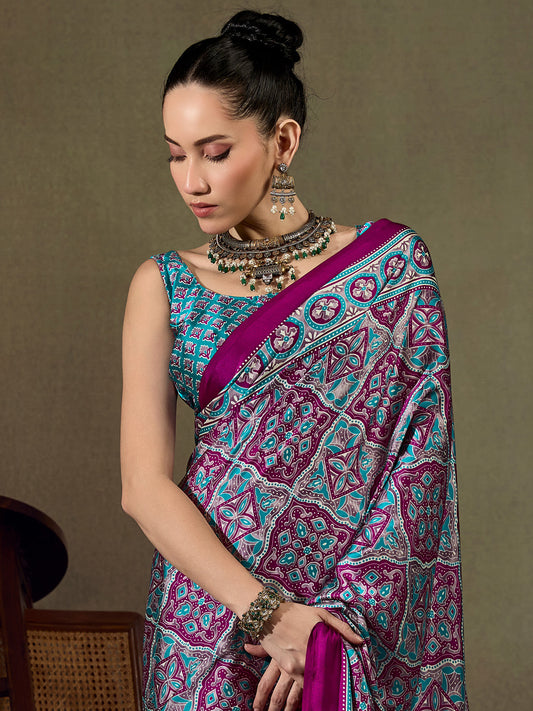 Multi-color Patola Geometric Print Satin Saree