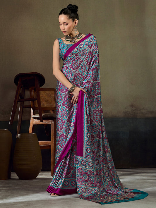 Multi-color Patola Geometric Print Satin Saree
