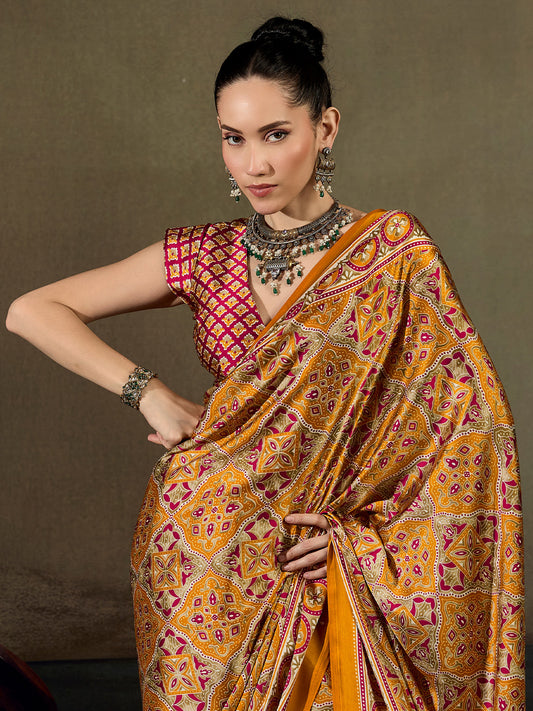Mustard Patola Geometric Medallion Print Satin Saree