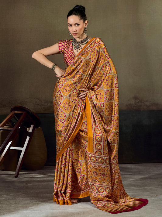 Mustard Patola Geometric Medallion Print Satin Saree