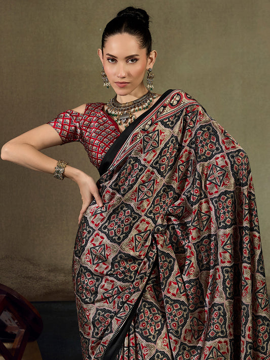 Black Silk Patola Geometric Medallion Print Satin Saree