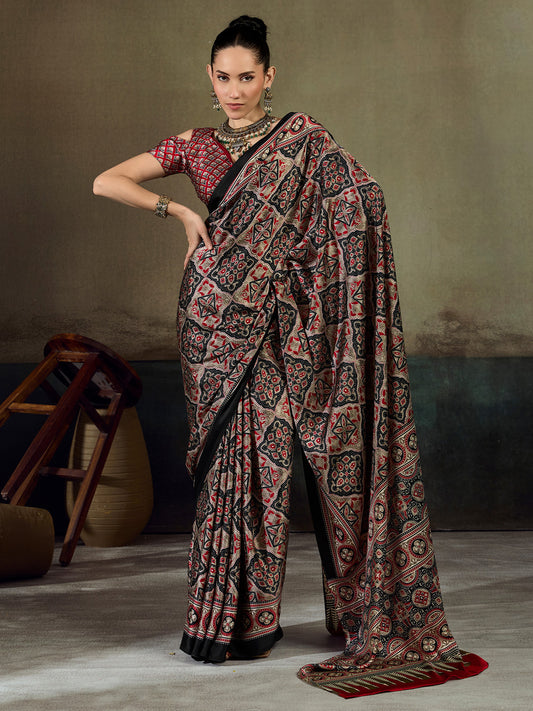 Black Silk Patola Geometric Medallion Print Satin Saree
