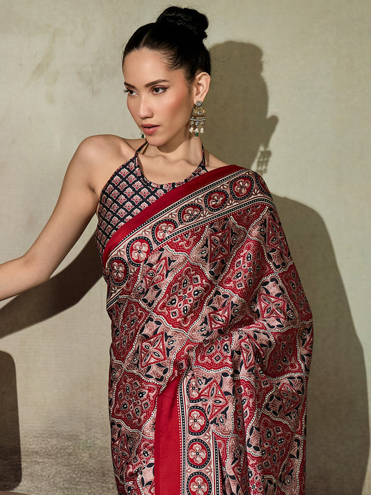 Maroon Patola Geometric Medallion Print Satin Saree