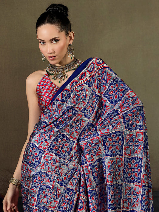 Royal Blue Patola Geometric Medallion Print Satin Saree