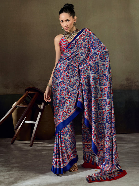 Royal Blue Patola Geometric Medallion Print Satin Saree