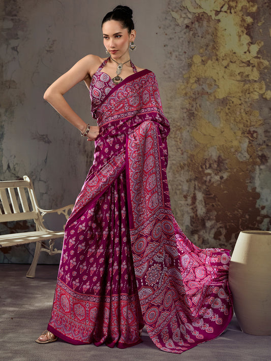 Magenta Ajrakh Paisley & Floral Butta Print Satin Saree