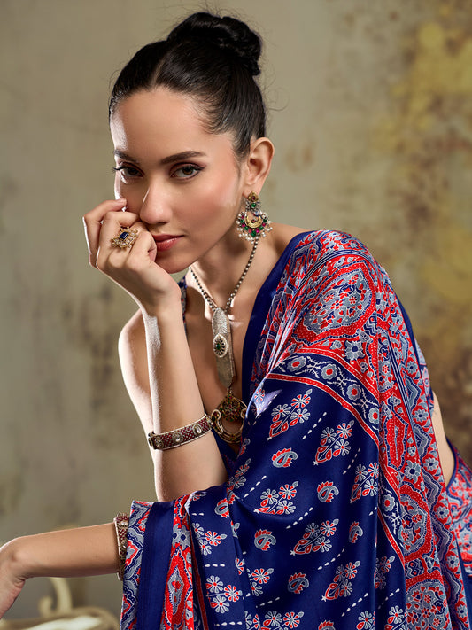 Navy Blue Ajrakh Paisley & Floral Butta Print Satin Saree