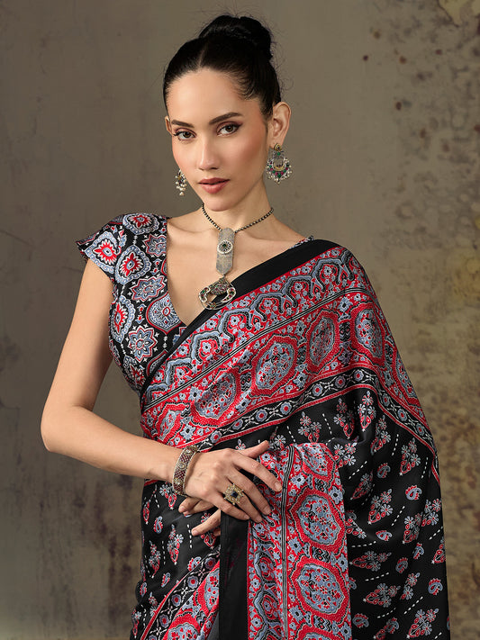 Black Ajrakh Paisley & Floral Butta Print Satin Saree