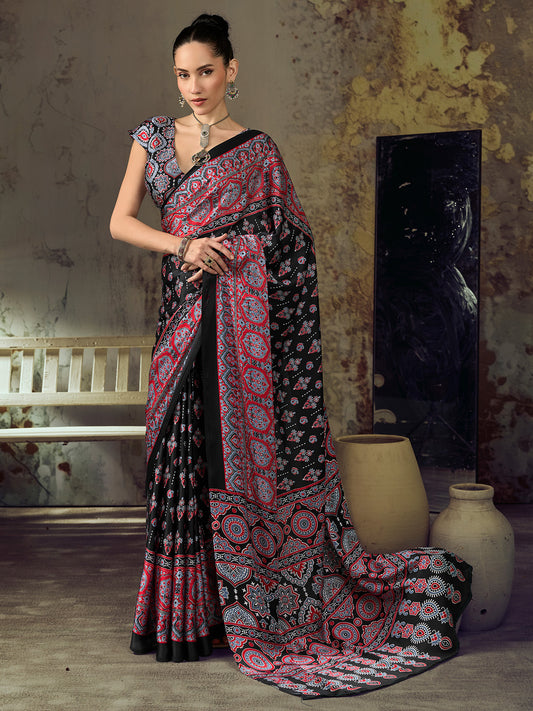 Black Ajrakh Paisley & Floral Butta Print Satin Saree